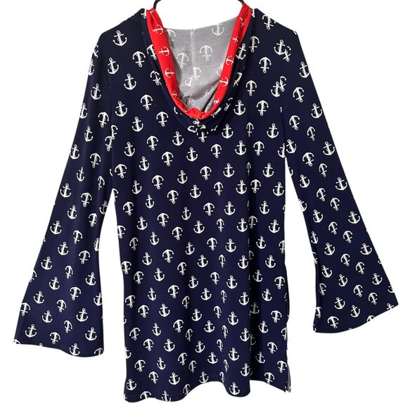Macbeth Collection |Margaret Joseph Long Sleeve Hooded Anchor Print Swim Dress M - Picture 3 of 6